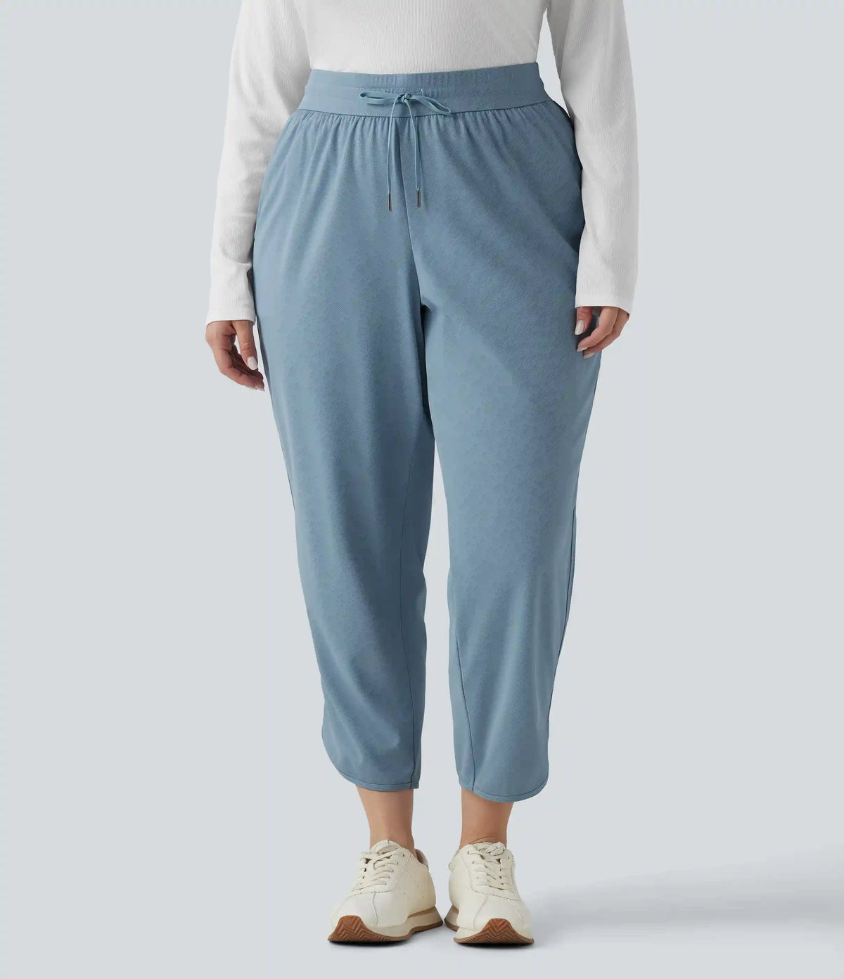 Plus Size Mid Rise Drawstring Curved Hem Quick Dry Golf Tapered Pants with Pockets-UPF40+