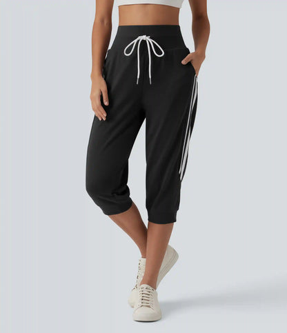 High Waisted Drawstring Stripe Capri Casual Joggers with Pockets