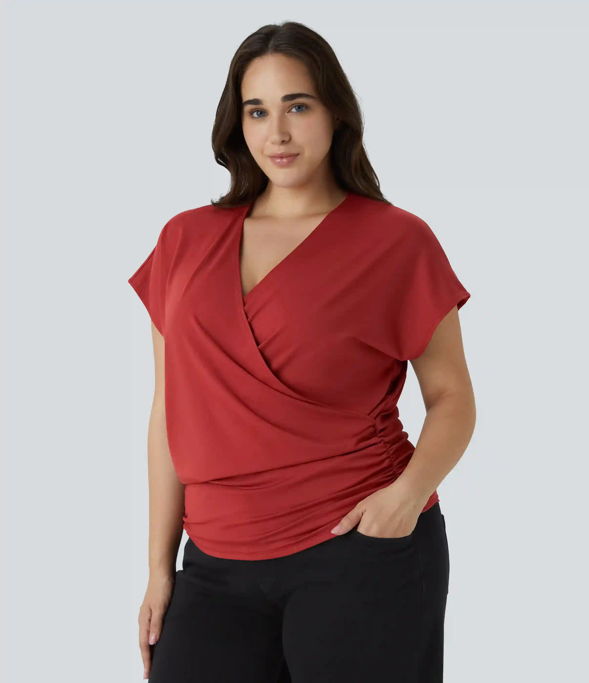 V Neck Cap Sleeve Crossover Ruched Solid Work Plus Size Blouse