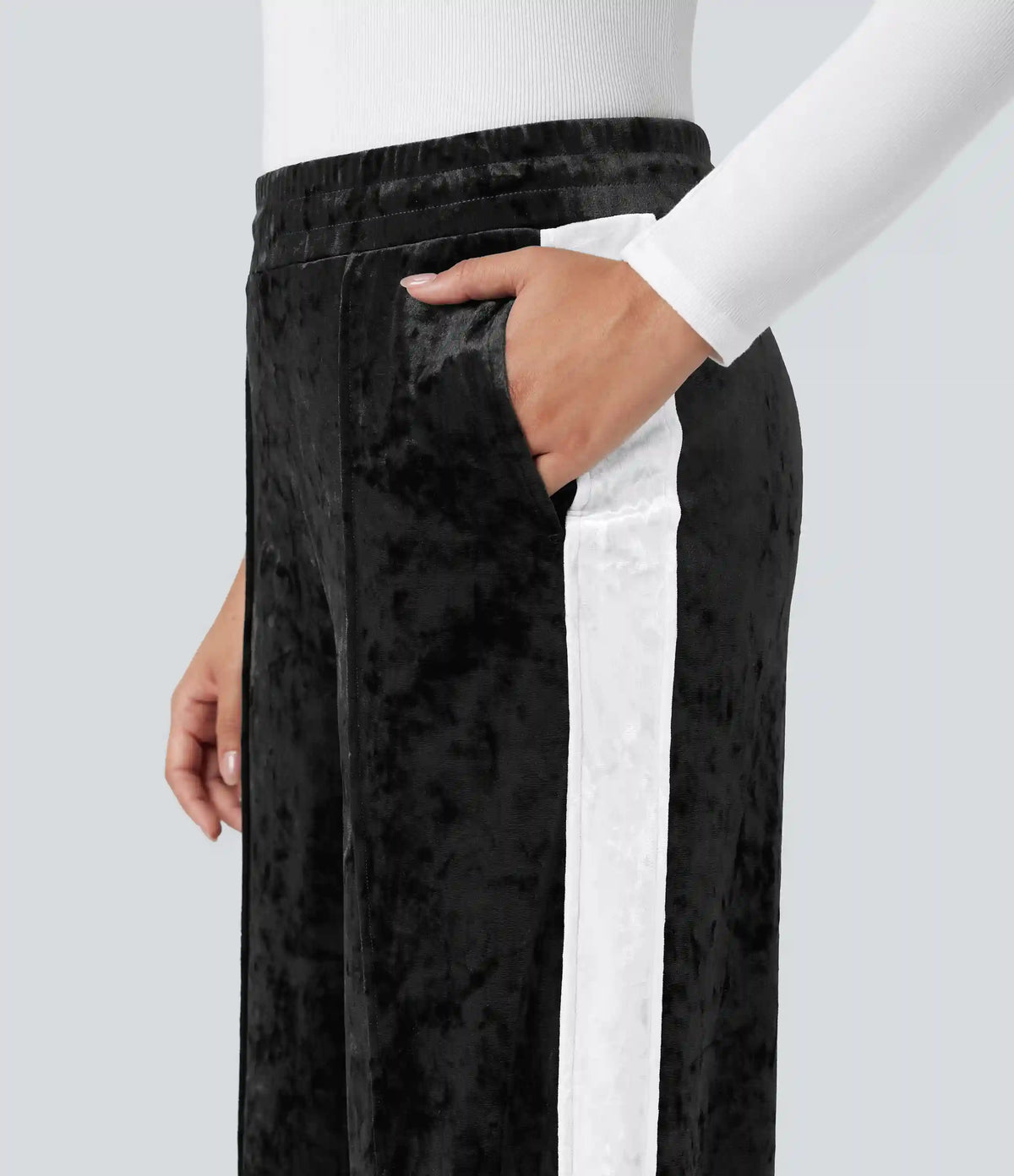 Mid Rise Drawstring Color Block Velvet Casual Straight Leg Pants with Pockets