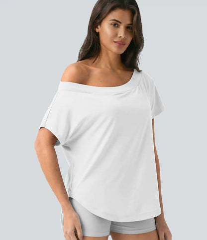 One Shoulder Short Sleeve Curved Hem High Low Quick Dry Yoga Sports Top-Built-in Bra