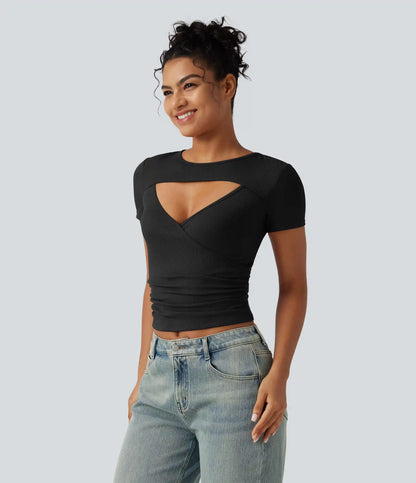 Ribbed Knit Round Neck Cut Out Short Sleeve Ruched Casual T-Shirt