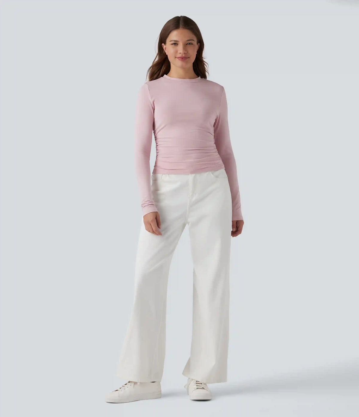 Round Neck Long Sleeve Ruched Casual Top