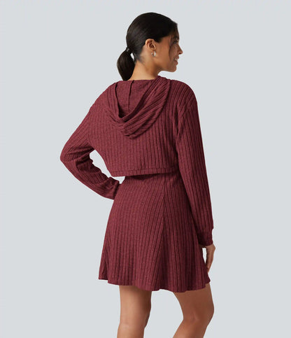 Ribbed Knit Hooded Long Sleeve 2-Piece Mini Casual Dress