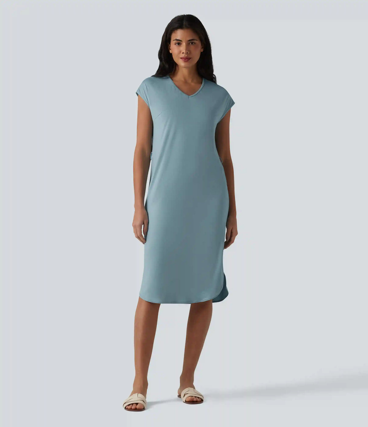 V-neck Short Sleeve Belted Curved Hem Casual T-Shirt Dress