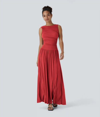 Ribbed Boat Neck Asymmetric Strap Ruched Pocket Flowy Maxi Casual Dress