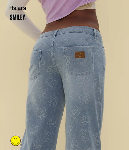 Halara X Smiley® Halara Flex™ Asymmetric Low Rise Baggy Wide Leg Washed Casual Jeans with Pockets