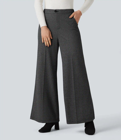 High Waisted Wide Leg Herringbone Work Pants with Pockets