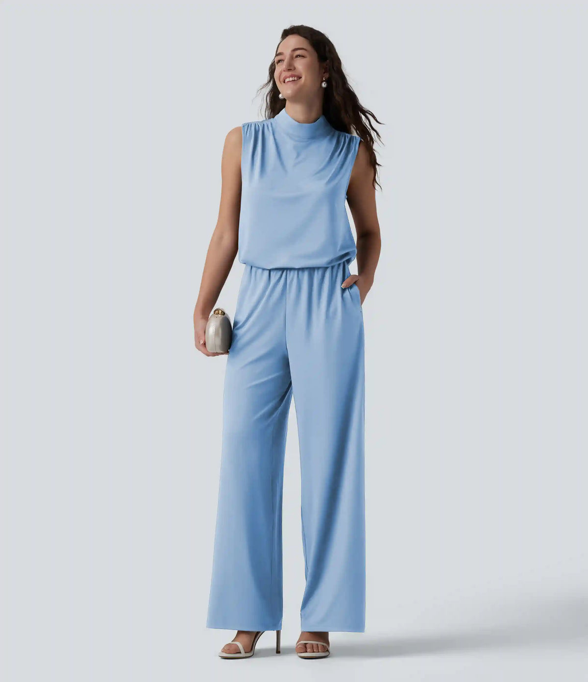 Stand Collar Sleeveless Straight Leg Bridesmaid And Wedding Guest Jumpsuit with Pockets-Easy Peezy