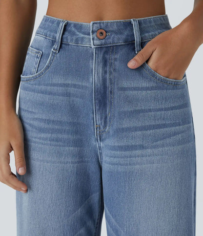 Halara Flex™ High Waisted Pockets Rolled Hem Wide Leg Washed Casual Jeans