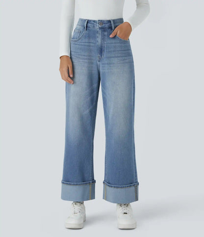 Halara Flex™ High Waisted Pockets Rolled Hem Wide Leg Washed Casual Jeans