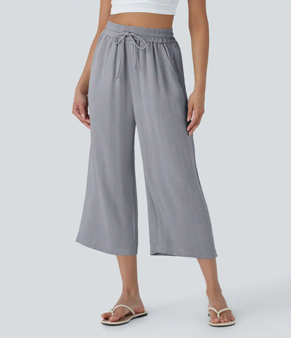 High Waisted Drawstring Wide Leg Cropped Casual Linen-Feel Pants with Pockets