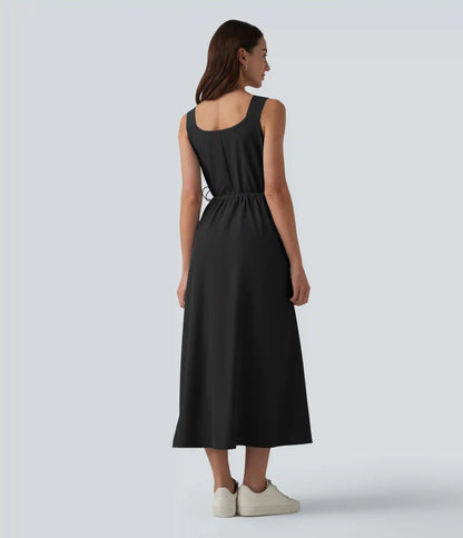 V Neck Sleeveless Midi Casual Dress with Pockets
