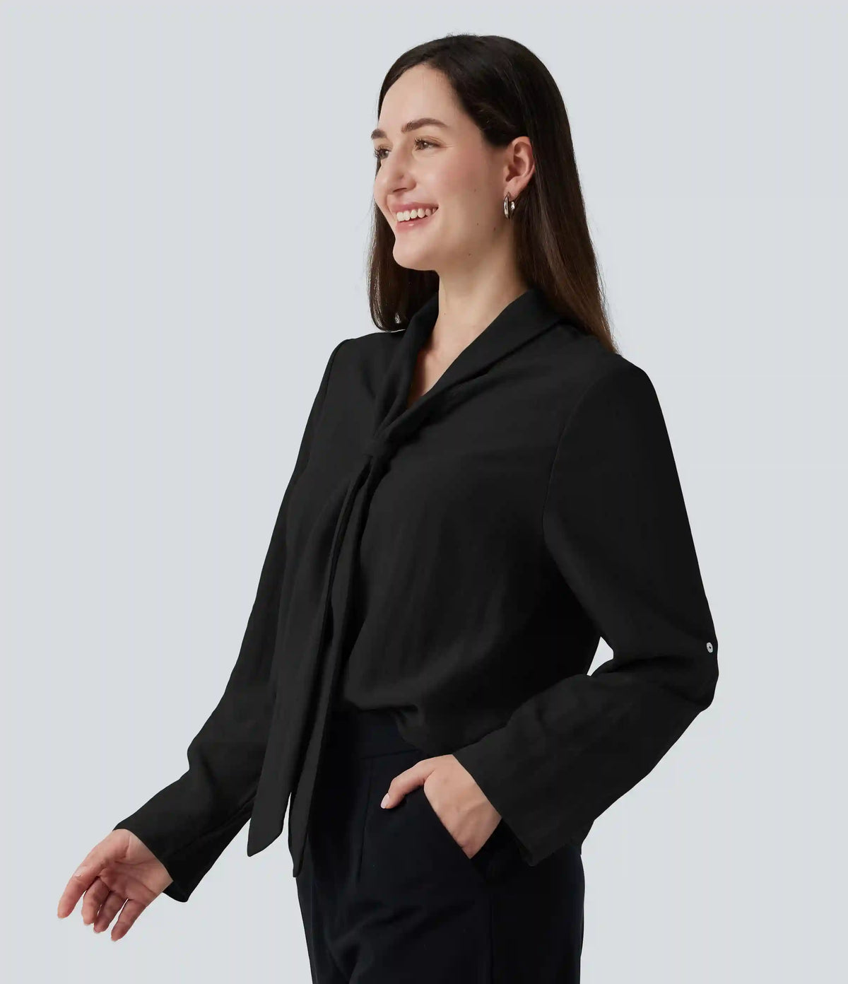 V Neck Long Sleeve Linen-Feel Work Tie Blouse