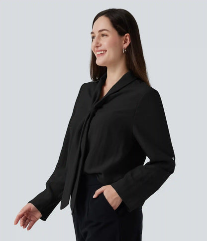V Neck Long Sleeve Linen-Feel Work Tie Blouse