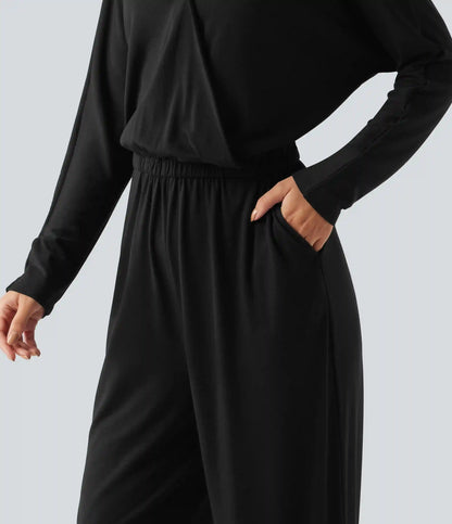 V Neck Long Sleeve Work Jumpsuit with Pockets