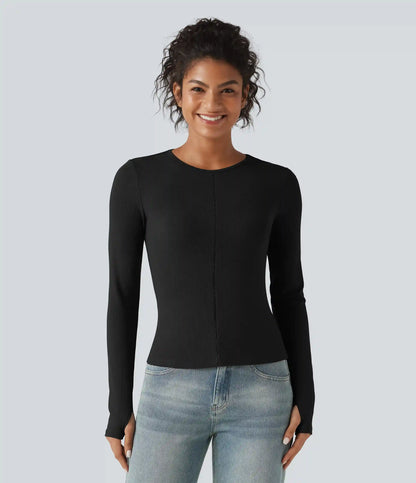 Ribbed Knit Round Neck Long Sleeve Thumb Holes Cut-out Casual T-Shirt