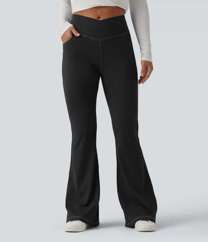 Mid Rise Crossover Super Flare Casual Leggings with Pockets