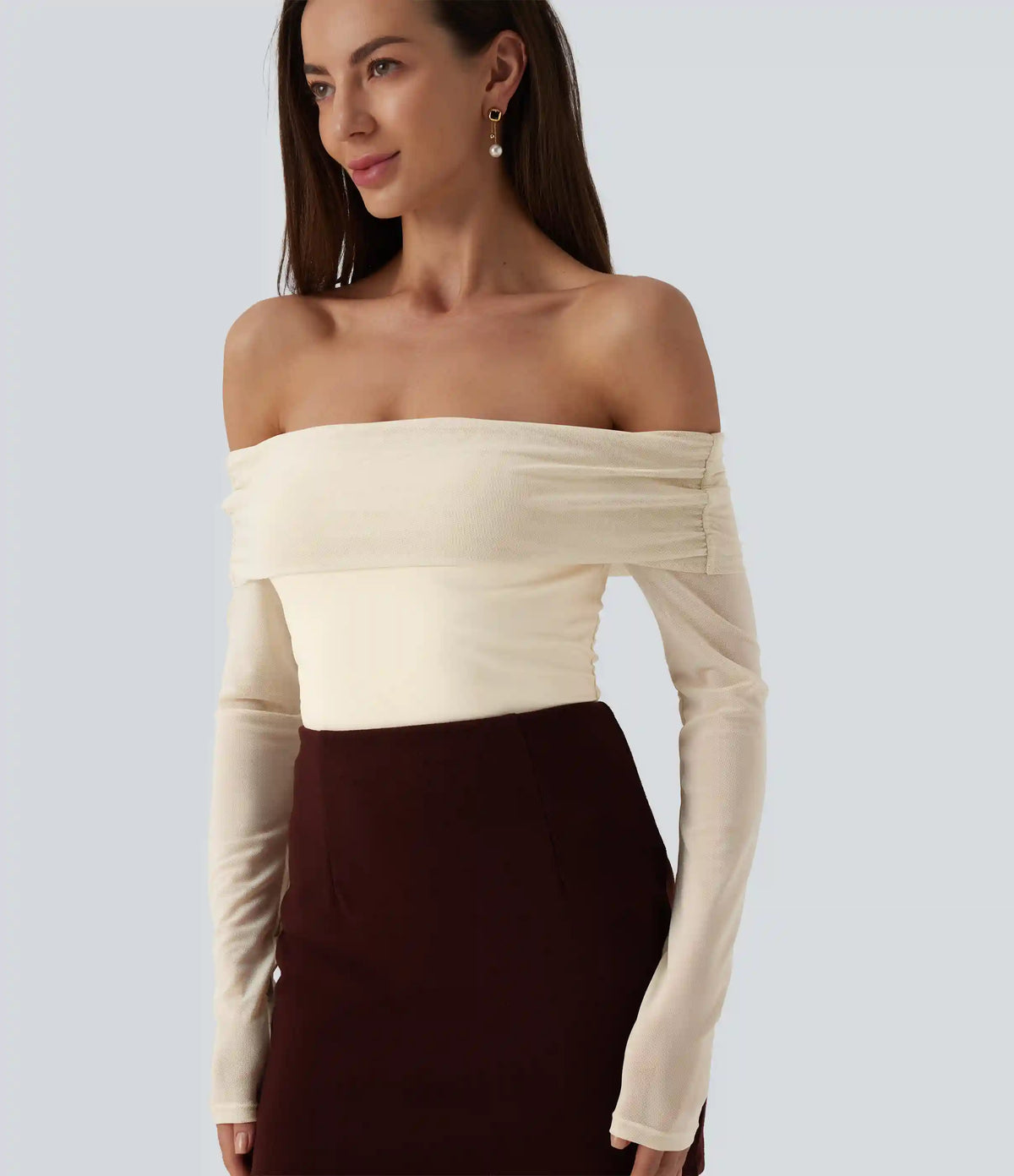 SoftlyZero™ Plush Off Shoulder Mesh Long Sleeve Top