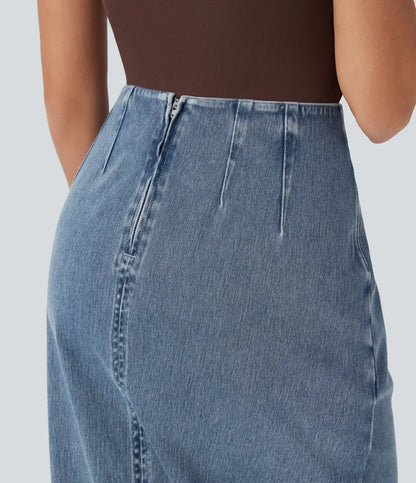 Halara Flex™ High Waisted Back Zipper Ruched Tulip Hem Midi Washed Denim Casual Skirt