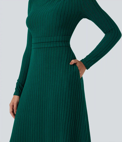 Ribbed Knit Long Sleeve Midi Casual Dress with Pockets