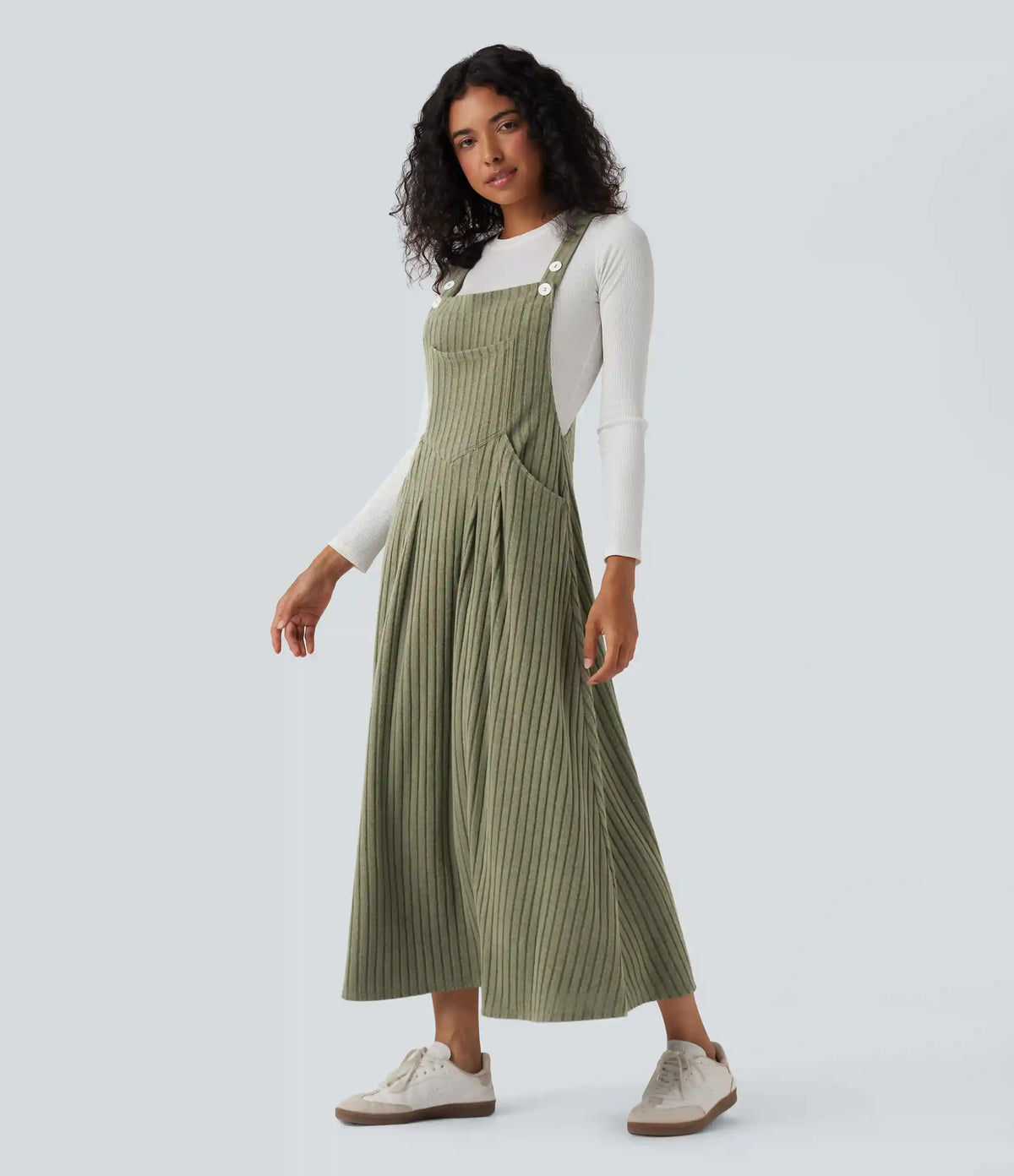Ribbed Knit Casual Pinafore Dress with Pockets