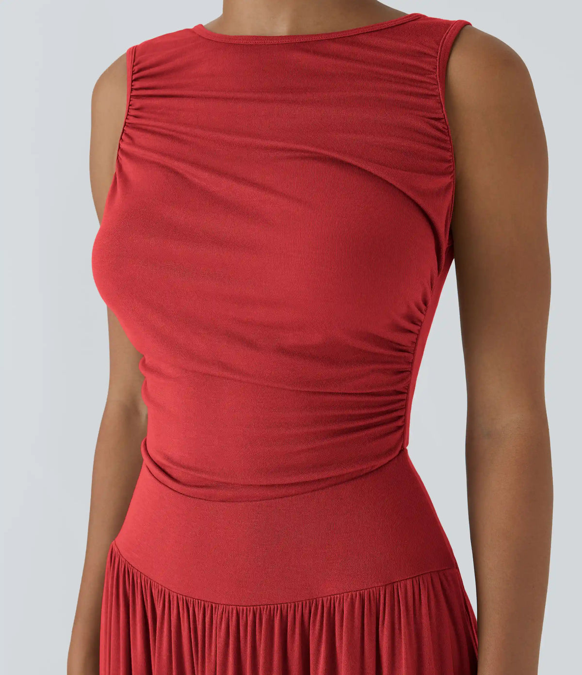 Ribbed Boat Neck Asymmetric Strap Ruched Pocket Flowy Maxi Casual Dress