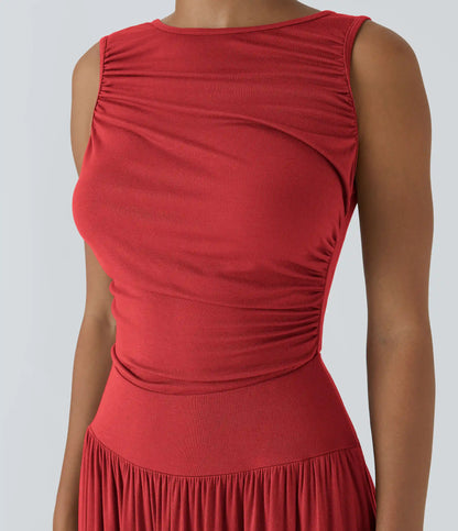 Ribbed Boat Neck Asymmetric Strap Ruched Pocket Flowy Maxi Casual Dress