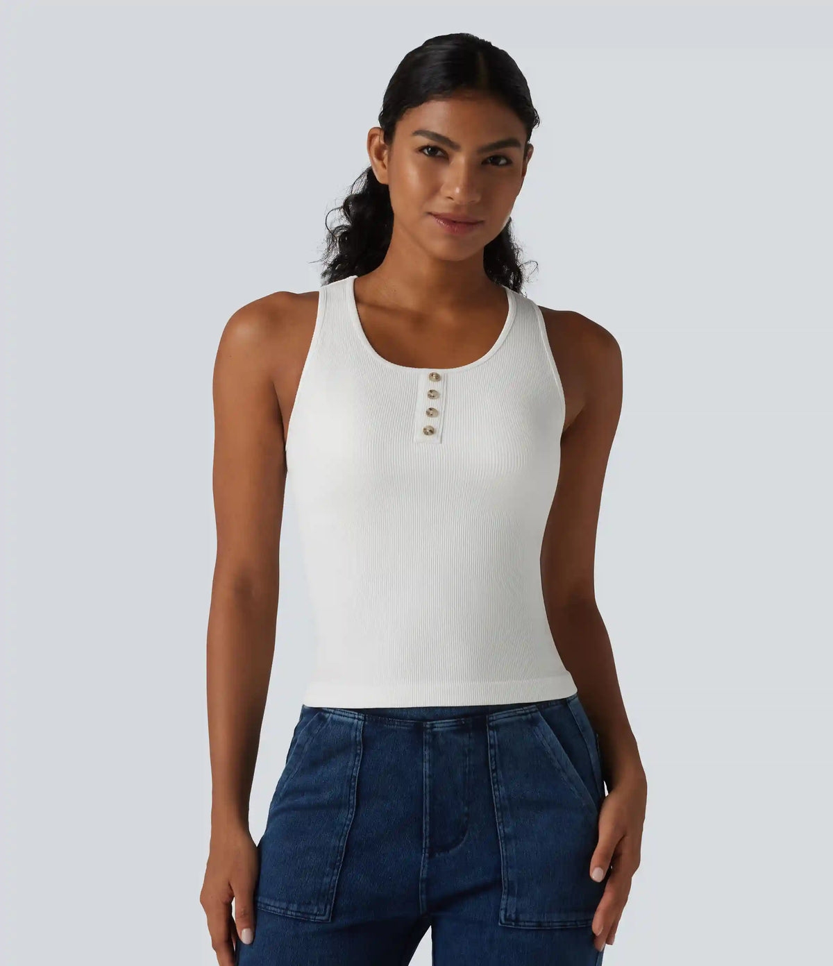 Ribbed Knit Round Neck Built-in Bra Casual Tank Top