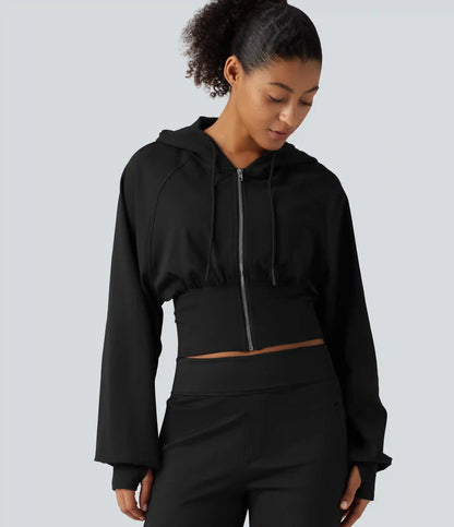 Hooded Raglan Sleeve Cropped Yoga Jacket with Hidden Pocket and Thumb Holes