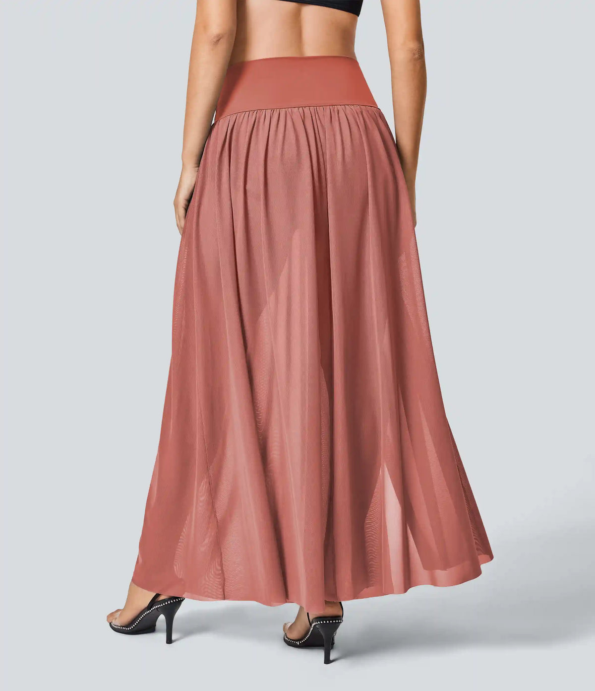 High Waisted 2-in-1 Mesh Flowy Maxi Casual Skirt