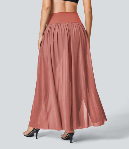 High Waisted 2-in-1 Mesh Flowy Maxi Casual Skirt