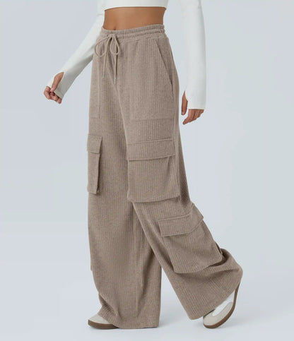 Ribbed Mid Rise Drawstring Pockets Wide Leg Cargo Casual Pants