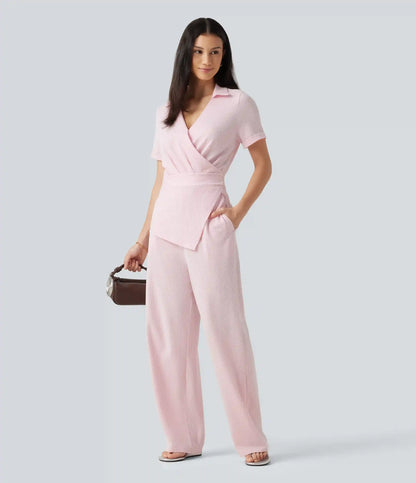 Short Sleeve Wrapped Tie Back Stripe Crinkle Cotton Casual Shirt Jumpsuit with Pockets-Easy Peezy Edition