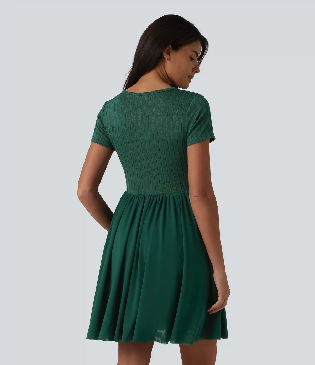 Round Neck Short Sleeve Contrast Mesh Mini Casual Flowy Dress