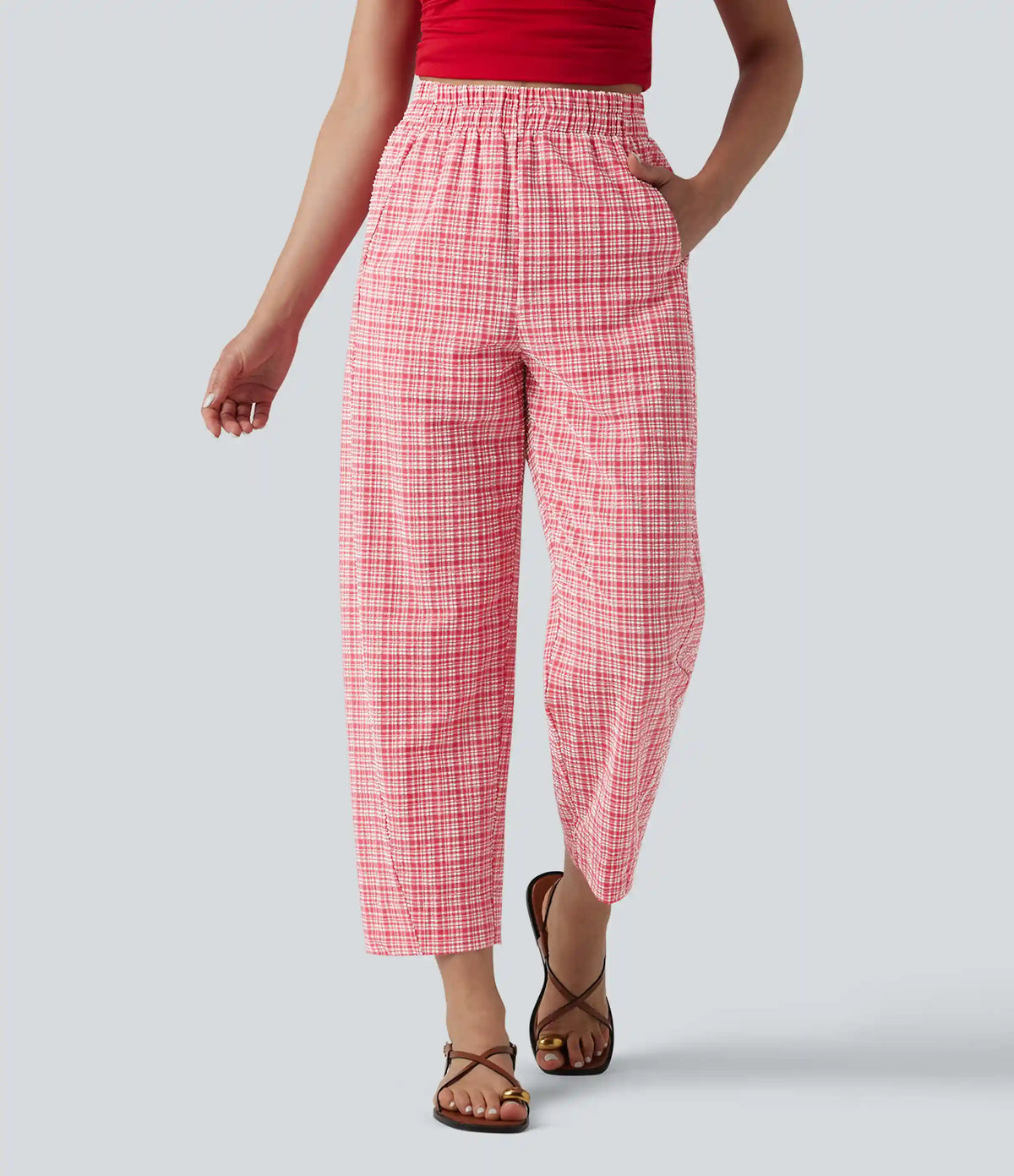 High Waisted Crinkle Plaid Casual Pants with Pockets