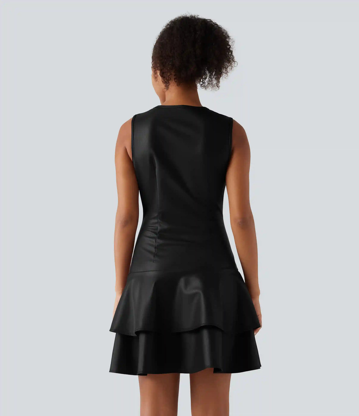 Round Neck Sleeveless Asymmetric Ruffle Hem A Line Mini Fleece Casual PU Leather Dress