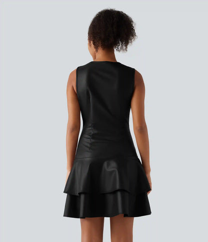 Round Neck Sleeveless Asymmetric Ruffle Hem A Line Mini Fleece Casual PU Leather Dress