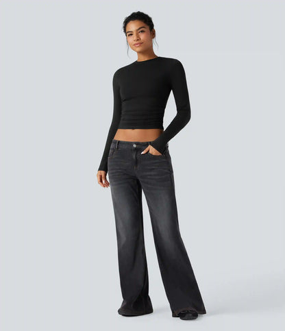 Round Neck Long Sleeve Ruched Casual Top