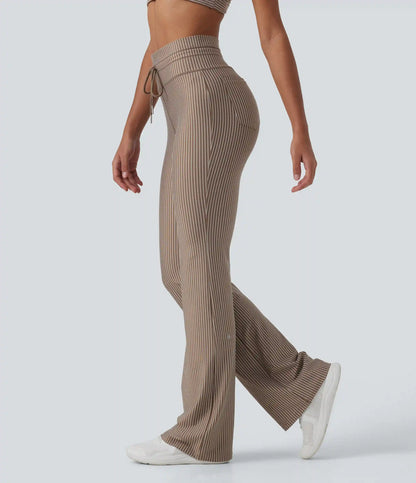 High Waisted Drawstring Stripe Flare Yoga Pants with Pockets