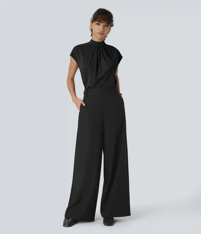 Stand Collar Back Cap Sleeve Work Blouse