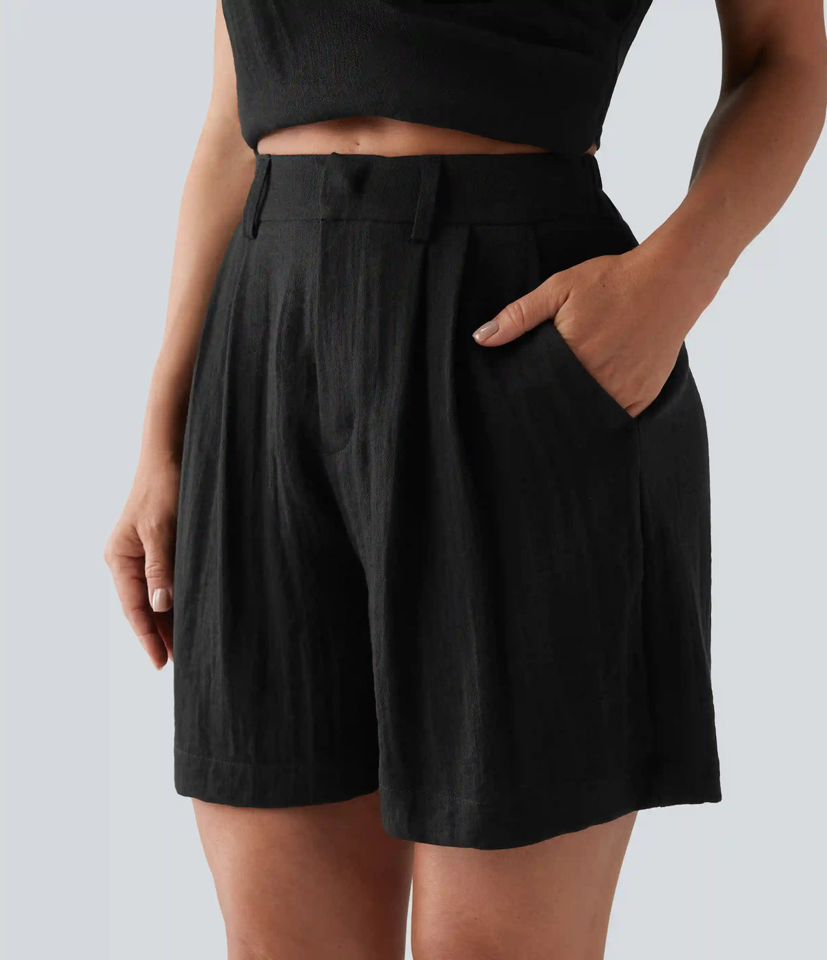 High Waisted Casual Linen-Feel Shorts with Pockets