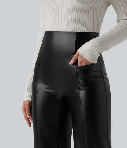 High Waisted Tummy Control Stretchy PU Fleece Casual Flare Pants with Pockets