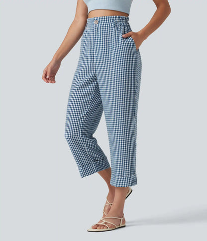 High Waisted Cropped Plaid Casual Linen-Feel Pants with Pockets