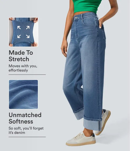 Halara Flex™ High Waisted Pockets Rolled Hem Wide Leg Washed Casual Jeans