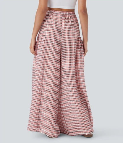 High Waisted Pocket Wide Leg Flowy Plaid Casual Pants