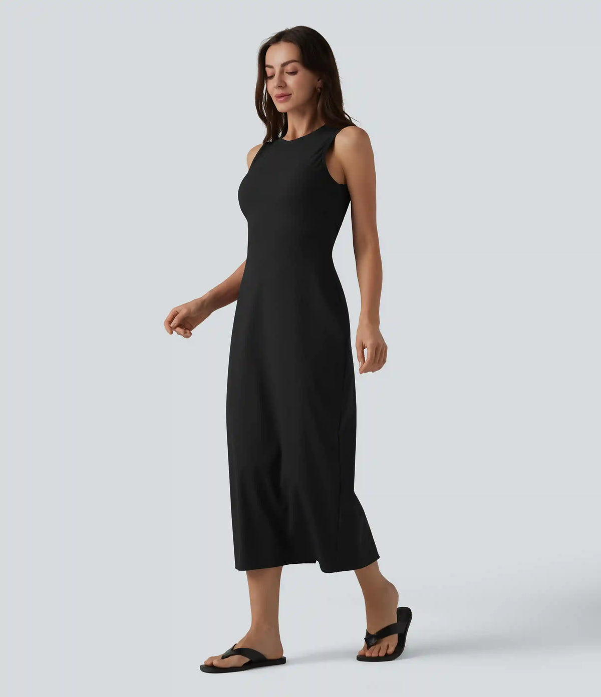 Ribbed Round Neck Sleeveless Built-in Bra Bodycon Midi Casual Dress