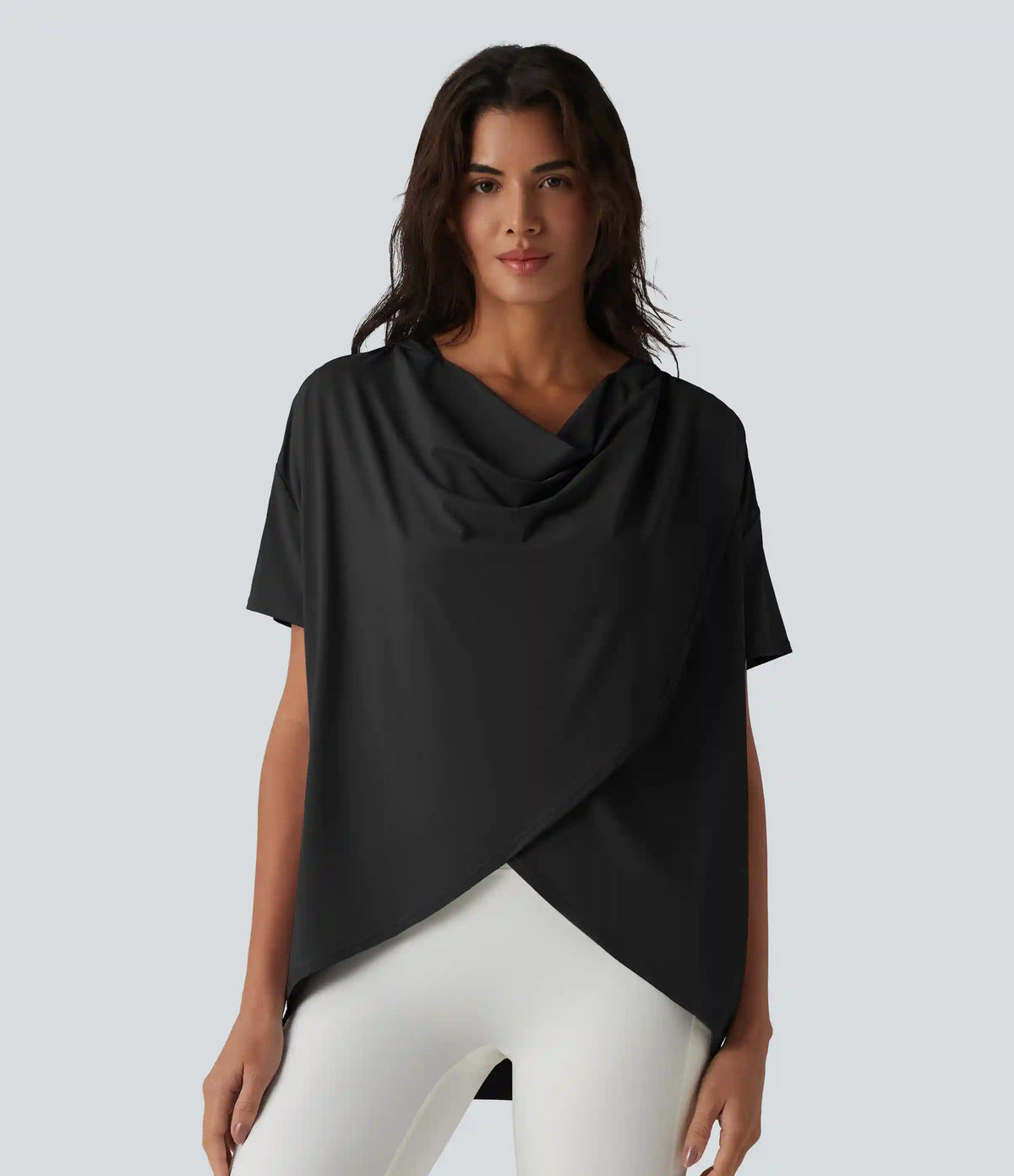 Hooded Cowl Neck Short Sleeve Yoga Sports Top with Pockets