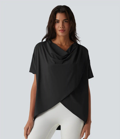 Hooded Cowl Neck Short Sleeve Yoga Sports Top with Pockets