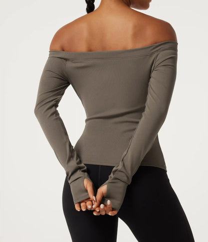 Ribbed Knit Off Shoulder Long Sleeve Thumb Hole Built-in Bra Yoga Sports Top